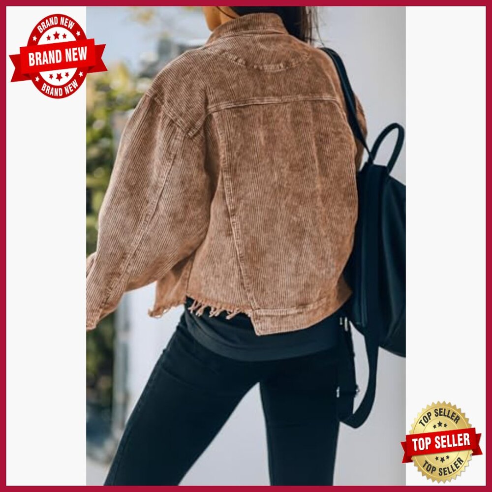Cropped Corduroy Jacket Oversized Shacket Fringe Hem Casual Button Down - Picture 6 of 7